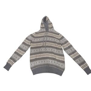 Izod Gray and Cream Fair Isle Patterned Men's Hoodie Sweater 100% Cotton Medium